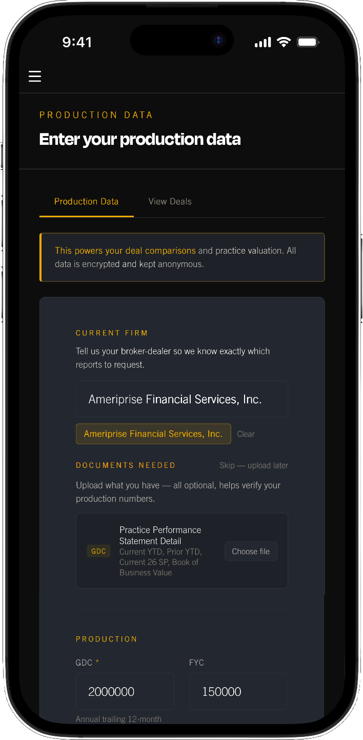 Revolt app on a phone: the Enter Your Production Data screen, noting data is encrypted and kept anonymous